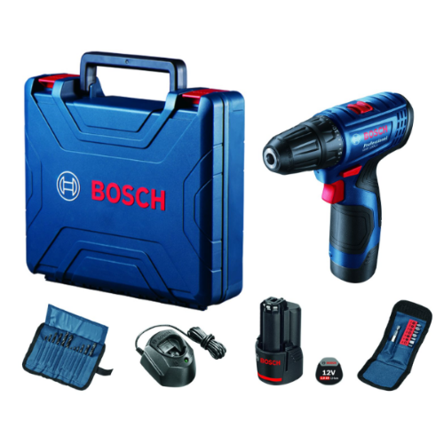Bosch GSR 120 Li akumulatorska bušilica, dve baterije, set bitova, plastična kutija i punjač